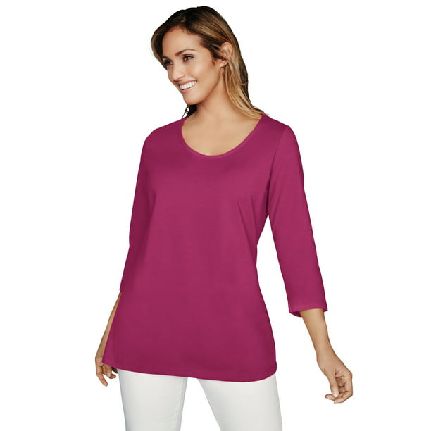 Double Tied Back 3/4 Sleeve Top with Keyhole Scoop Neck Solid Plain Cotton Span